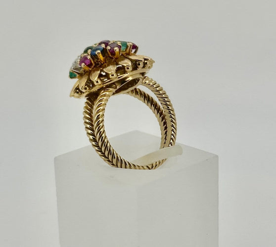 Bague 53 Bague fleur en or 18 carats, diamants, saphirs, émeraudes et pierres fines 58 Facettes Bague Fleur