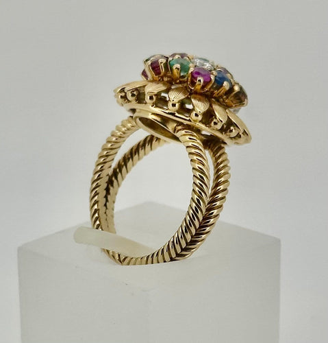 Bague 53 Bague fleur en or 18 carats, diamants, saphirs, émeraudes et pierres fines 58 Facettes Bague Fleur
