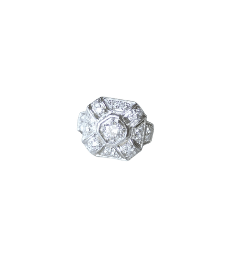 Bague Art déco octogonale en platine, diamants 1 ct