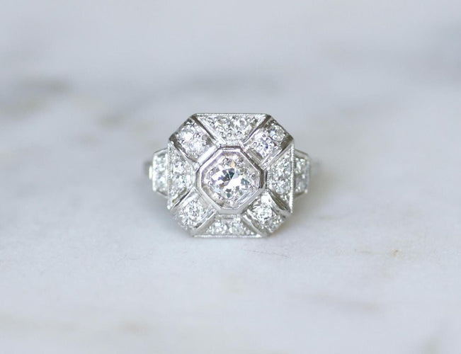 Bague 56 Bague Art déco octogonale en platine, diamants 1 ct 58 Facettes
