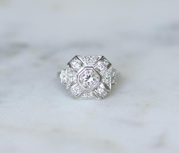 Bague 56 Bague Art déco octogonale en platine, diamants 1 ct 58 Facettes