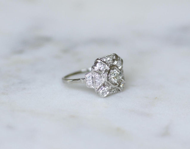 Bague 56 Bague Art déco octogonale en platine, diamants 1 ct 58 Facettes