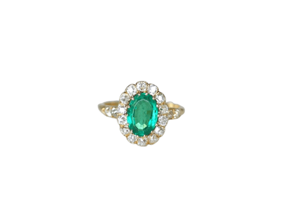 Bague 55 Bague marguerite ancienne en or jaune 18k, émeraude de Colombie et diamants 58 Facettes