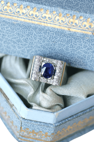 Bague 53 Art déco - Bague saphir et diamants en or blanc 18k et platine 58 Facettes