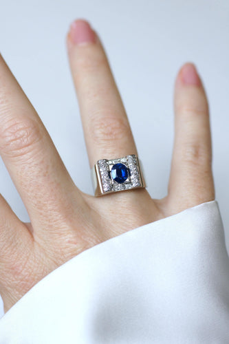 Bague 53 Art déco - Bague saphir et diamants en or blanc 18k et platine 58 Facettes