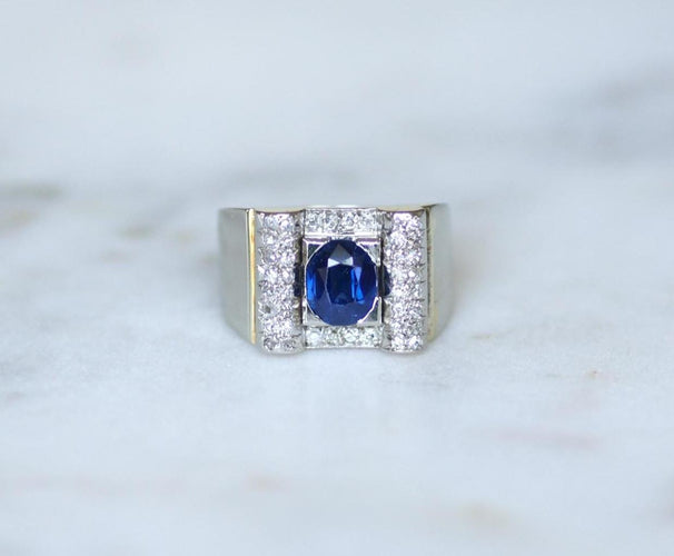 Bague 53 Art déco - Bague saphir et diamants en or blanc 18k et platine 58 Facettes