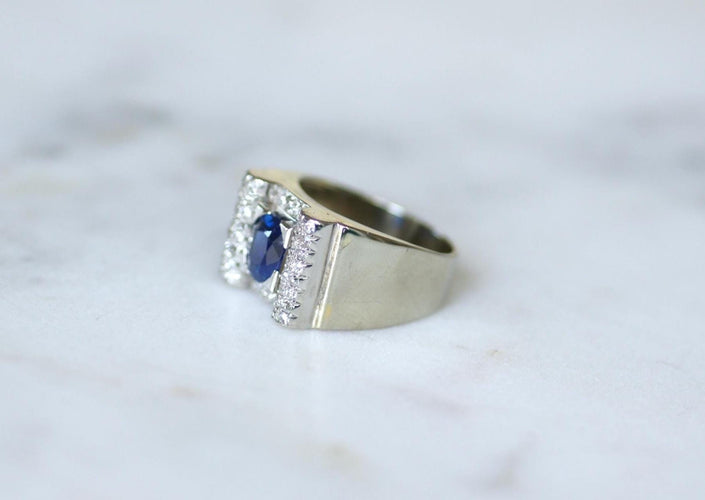 Bague 53 Art déco - Bague saphir et diamants en or blanc 18k et platine 58 Facettes
