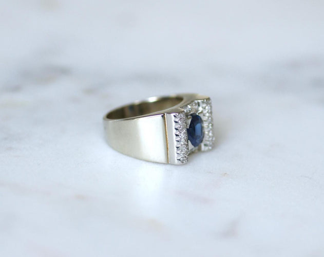 Bague 53 Art déco - Bague saphir et diamants en or blanc 18k et platine 58 Facettes