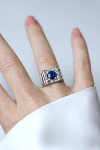 Bague 53 Art déco - Bague saphir et diamants en or blanc 18k et platine 58 Facettes