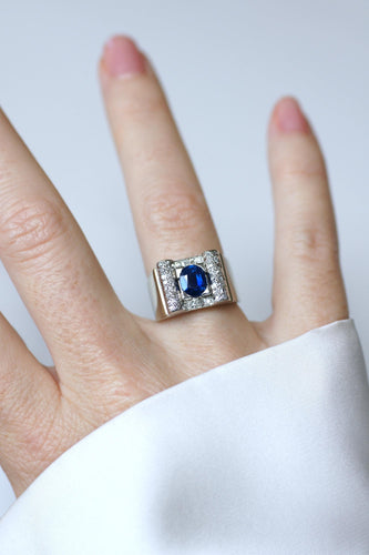 Bague 53 Art déco - Bague saphir et diamants en or blanc 18k et platine 58 Facettes