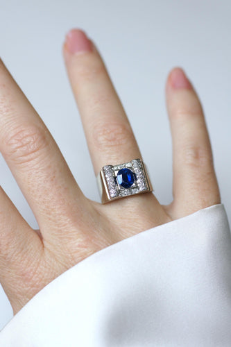 Bague 53 Art déco - Bague saphir et diamants en or blanc 18k et platine 58 Facettes
