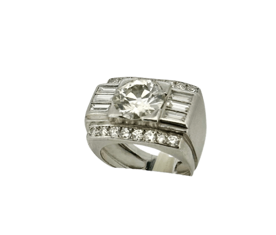 Bague 52 Bague Tank Art déco en platine, diamants taille ancienne, baguette et brillant 58 Facettes Bague tank