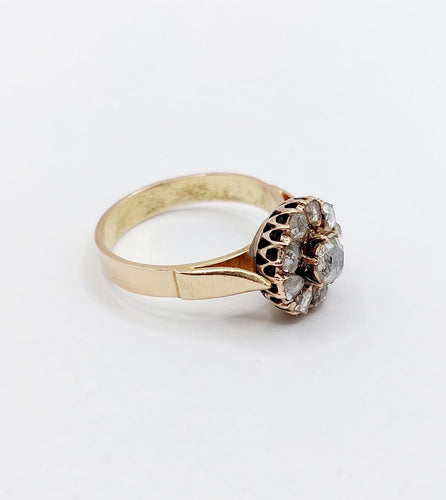 Bague 56 Bague marguerite ancienne en or rose 14k, diamants taille rose (vers 1900) 58 Facettes A08012
