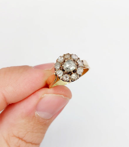 Bague 56 Bague marguerite ancienne en or rose 14k, diamants taille rose (vers 1900) 58 Facettes A08012