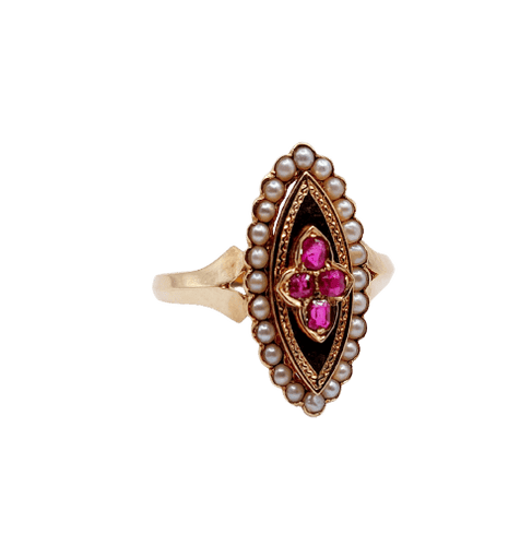 Bague 56 Bague marquise victorienne en or rose 18k, rubis et perles, vers 1890 58 Facettes A08014
