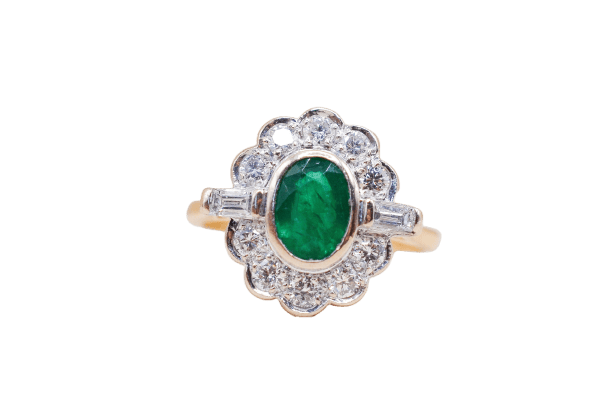 Marguerite - Bague en or jaune et or blanc 18 carats, émeraude et diamants