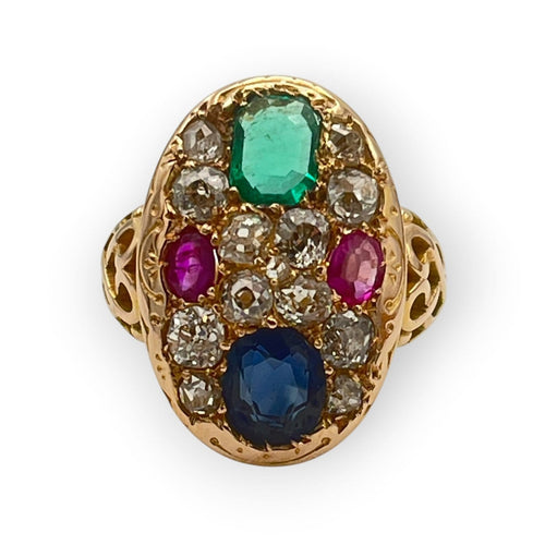 Bague 53 Bague ancienne en or jaune 750, diamants, saphir, rubis et émeraude 58 Facettes 149070238
