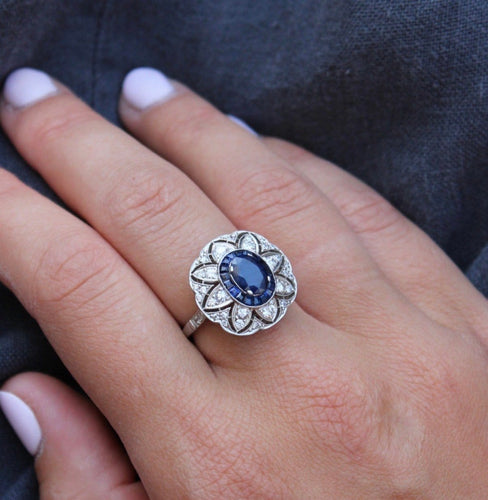 Bague 54 Bague de style Art déco en platine, saphirs et diamants 58 Facettes ANILLO 1