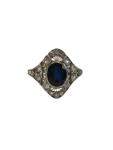 Bague 54 Bague Art déco marquise en platine, saphir synthétique et diamants 58 Facettes 01384