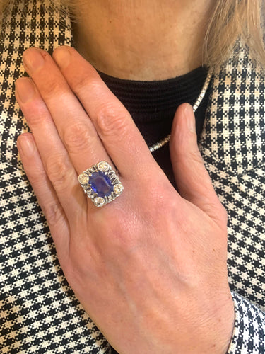 Bague 54 Bague avec saphir de Ceylan non chauffé, diamants, platine et or gris 18 carats 58 Facettes BSA92