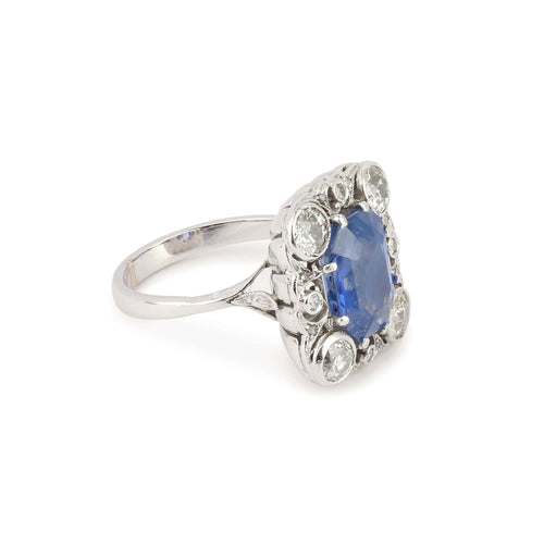 Bague 54 Bague avec saphir de Ceylan non chauffé, diamants, platine et or gris 18 carats 58 Facettes BSA92