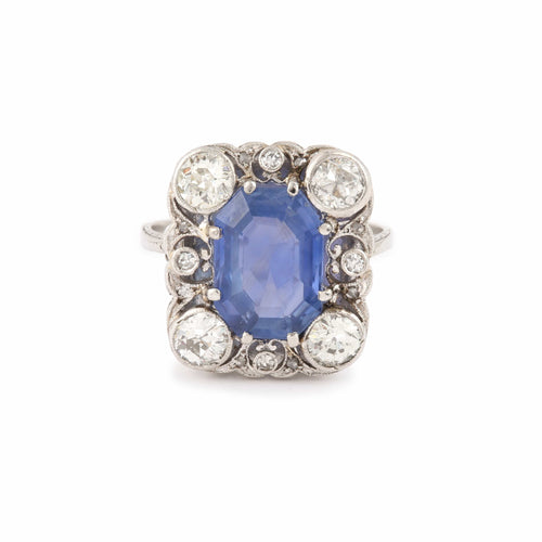 Bague 54 Bague avec saphir de Ceylan non chauffé, diamants, platine et or gris 18 carats 58 Facettes BSA92