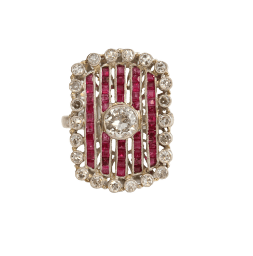 Bague de style Art déco en platine, diamants et rubis