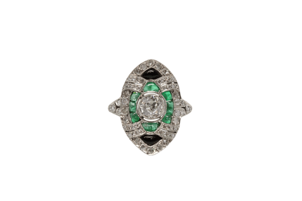 Bague 54 Bague de style Art déco en platine, diamants, émeraudes et onyx 58 Facettes ANILLO 9