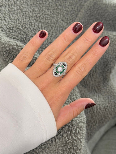 Bague 54 Bague de style Art déco en platine, diamants, émeraudes et onyx 58 Facettes ANILLO 9