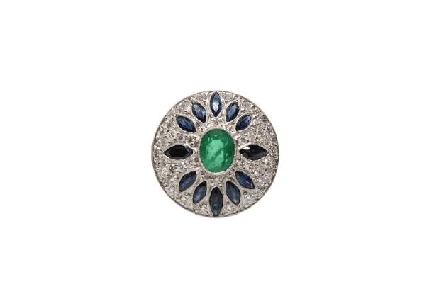 Bague 56 Bague de style Art déco en platine, diamants, émeraude et saphirs 58 Facettes ANILLO 10