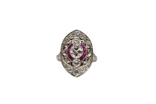 Bague 57 Bague de style Art déco en platine, diamants et rubis 58 Facettes ANILLO 11