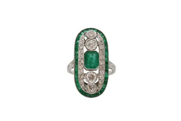 Bague 53 Bague Art déco en platine, émeraudes et diamants 58 Facettes ANILLO 12