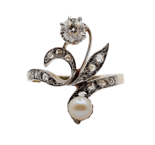 Bague 56 Bague duchesse en or 18k et platine, diamant taille ancienne et perle 58 Facettes A07827