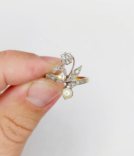 Bague 56 Bague duchesse en or 18k et platine, diamant taille ancienne et perle 58 Facettes A07827