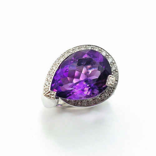 Bague 51 Bague en or blanc 18k, améthyste taille poire et diamants 58 Facettes 278
