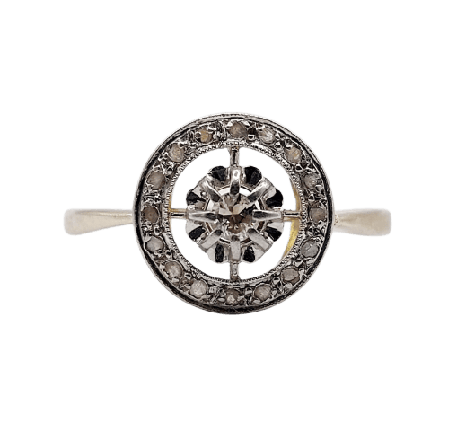 Bague 54.5 Bague cible Art déco en or 18k et platine, diamants taille brillant et rose 58 Facettes A07862