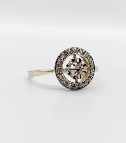 Bague 54.5 Bague cible Art déco en or 18k et platine, diamants taille brillant et rose 58 Facettes A07862