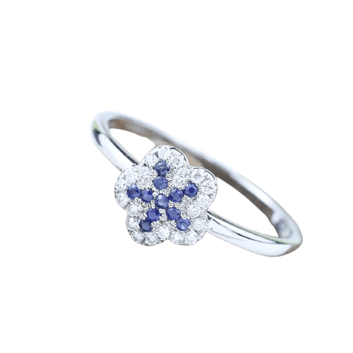 Bague 55 Bague florale en or blanc 18k, saphirs bleus et diamants 58 Facettes 2B-WW