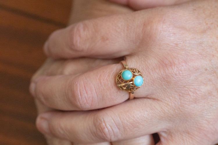 Bague 54 Bague vintage en or jaune 14 carats et turquoises, Pologne, années 1960 58 Facettes PP13