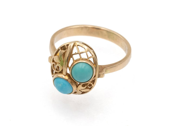 Bague 54 Bague vintage en or jaune 14 carats et turquoises, Pologne, années 1960 58 Facettes PP13