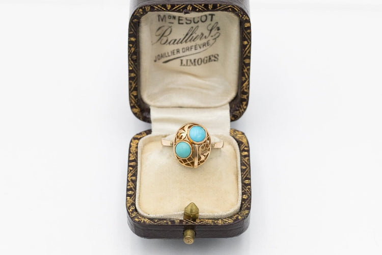 Bague 54 Bague vintage en or jaune 14 carats et turquoises, Pologne, années 1960 58 Facettes PP13