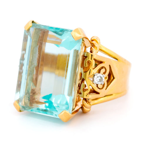 Bague 60 Bague Tank rétro en or jaune 14k avec aigue-marine et diamants 58 Facettes 1BAE8F9B3A4B4A0789F731849BB8890C