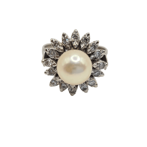Bague 50 Bague en or blanc 18k avec perle et diamant 58 Facettes #4448