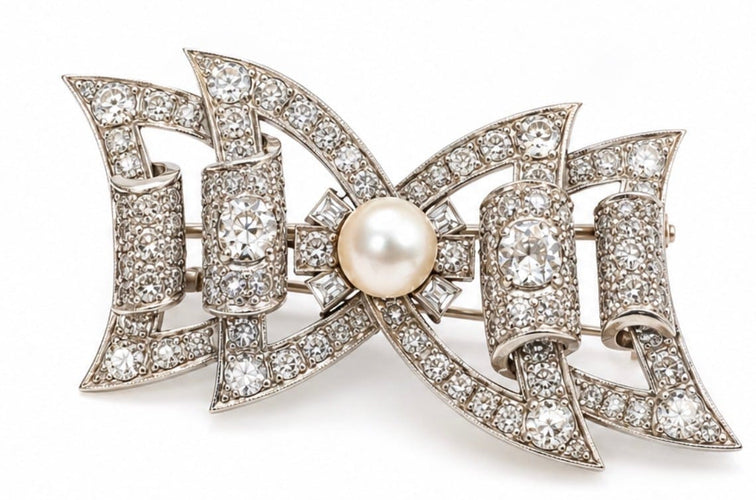 Broche Broche Art déco nœud en platine, diamants et perle 58 Facettes B2308