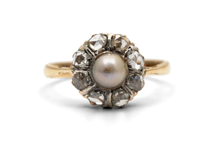 Bague 57 Bague Art déco en or jaune 18 carats, perle et diamants taille rose 58 Facettes 24187