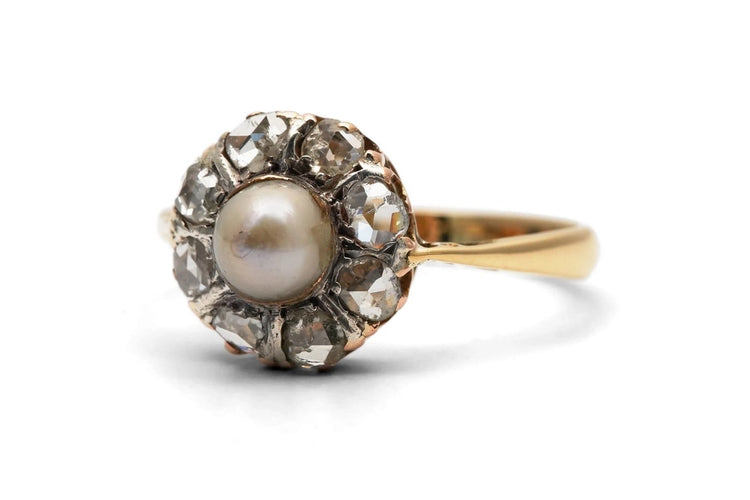 Bague 57 Bague Art déco en or jaune 18 carats, perle et diamants taille rose 58 Facettes 24187