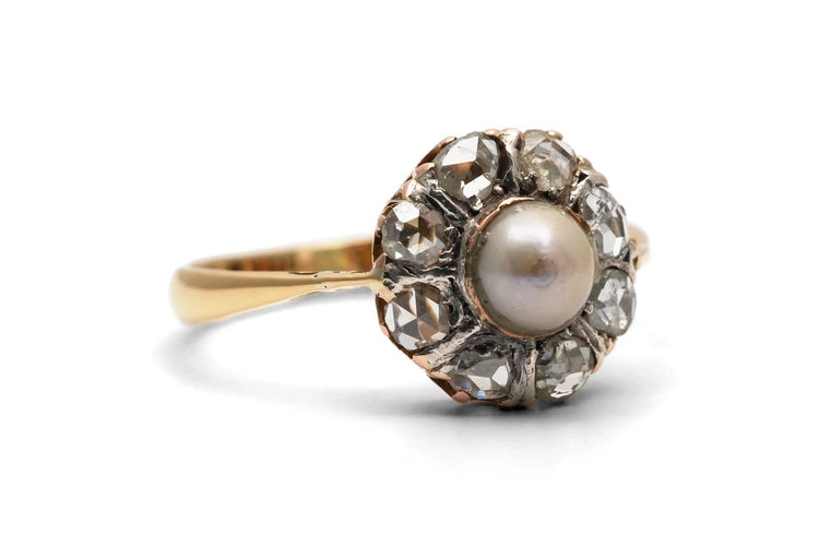 Bague 57 Bague Art déco en or jaune 18 carats, perle et diamants taille rose 58 Facettes 24187