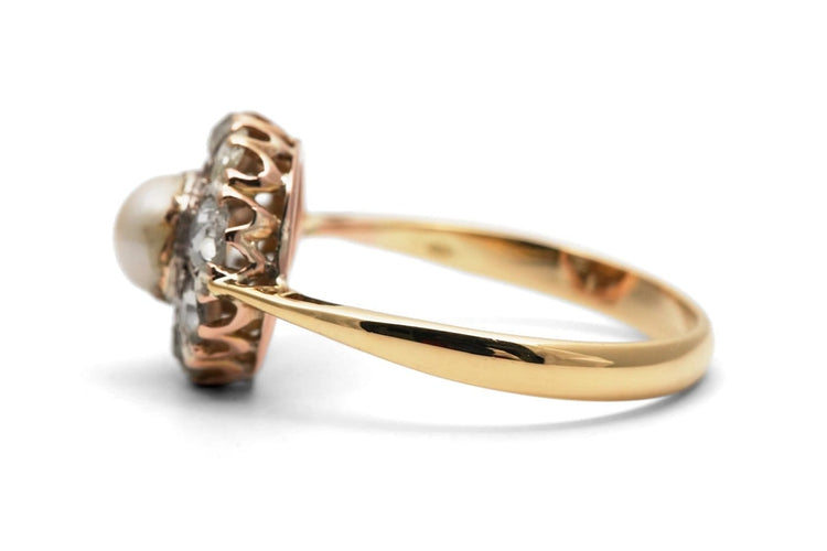 Bague 57 Bague Art déco en or jaune 18 carats, perle et diamants taille rose 58 Facettes 24187