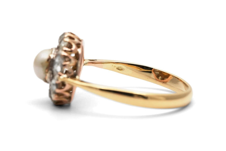 Bague 57 Bague Art déco en or jaune 18 carats, perle et diamants taille rose 58 Facettes 24187