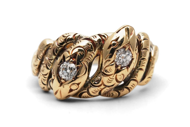 Bague 51 Bague serpent Art nouveau en or jaune 14 carats, diamants taille ancienne 58 Facettes 24169